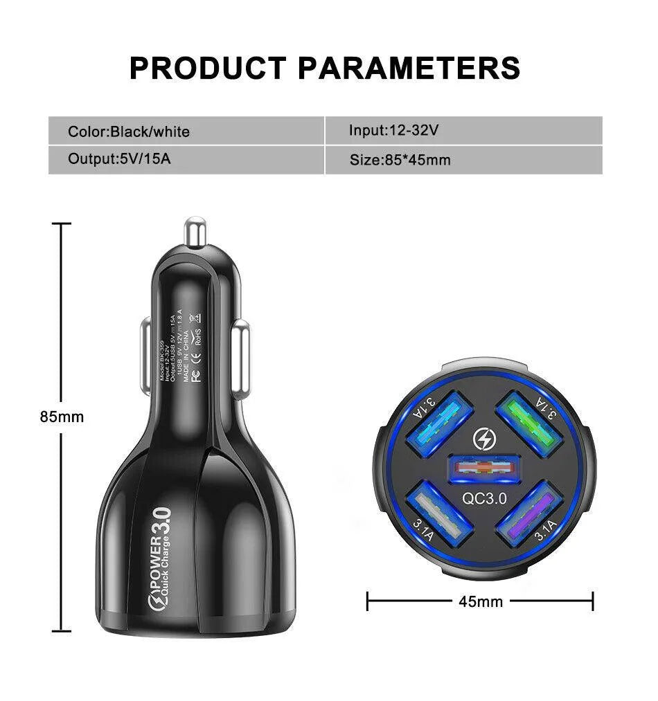 2 Pack 5 Port USB Fast Car Charger with LED Display Charge 5 Devices at once White - PremiumBrandGoods