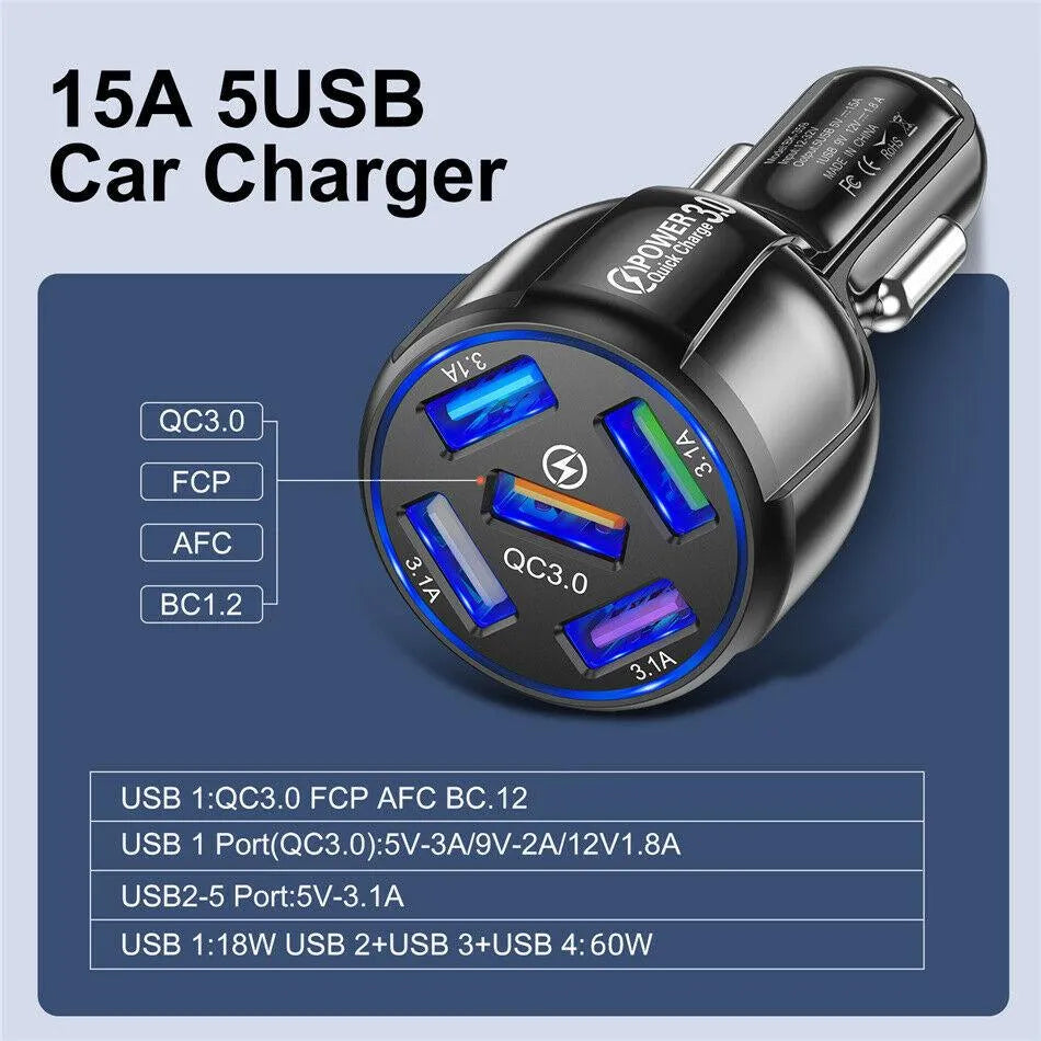 2 Pack 5 Port USB Fast Car Charger with LED Display Charge 5 Devices at once White - PremiumBrandGoods
