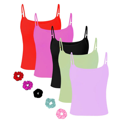 4 Pack Women's Stylish Cozy Tank Tops Ribbed Style Assorted with Free Scrunchies S-L Spaghetti Strap - PremiumBrandGoods