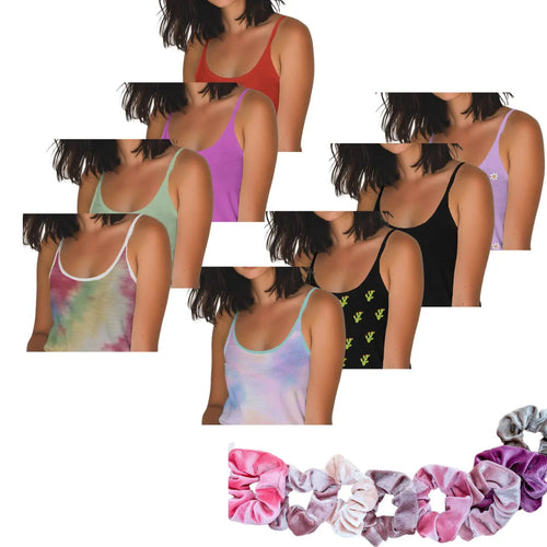 4 Pack Women's Stylish Cozy Tank Tops Ribbed Style Assorted with Free Scrunchies S-L Spaghetti Strap - PremiumBrandGoods