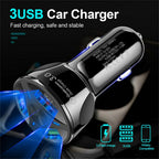 3 Port Fast LED White Car Charger + 3 in 1 Cable Combo Blue - PremiumBrandGoods