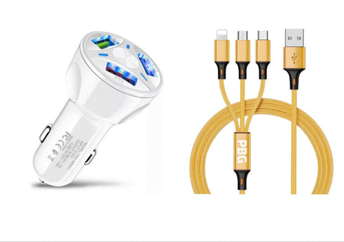 3 Port Fast LED White Car Charger + 3 in 1 Cable Combo Gold - PremiumBrandGoods