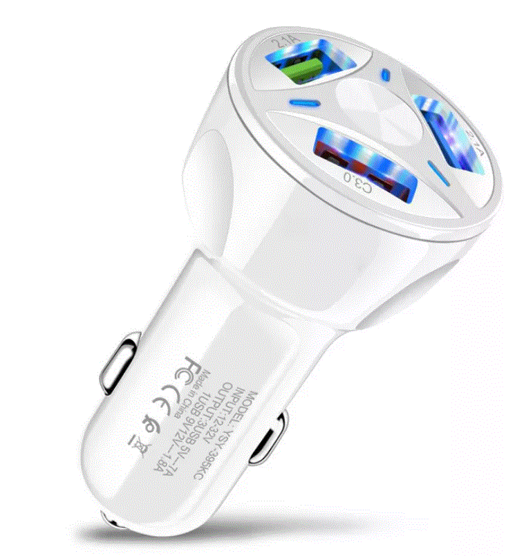 3 Port Fast LED White Car Charger + 3 in 1 Cable Combo Gold - PremiumBrandGoods