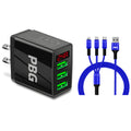 3 port LED Display Wall Charger  and 3 in 1 Cable Bundle Blue - PremiumBrandGoods