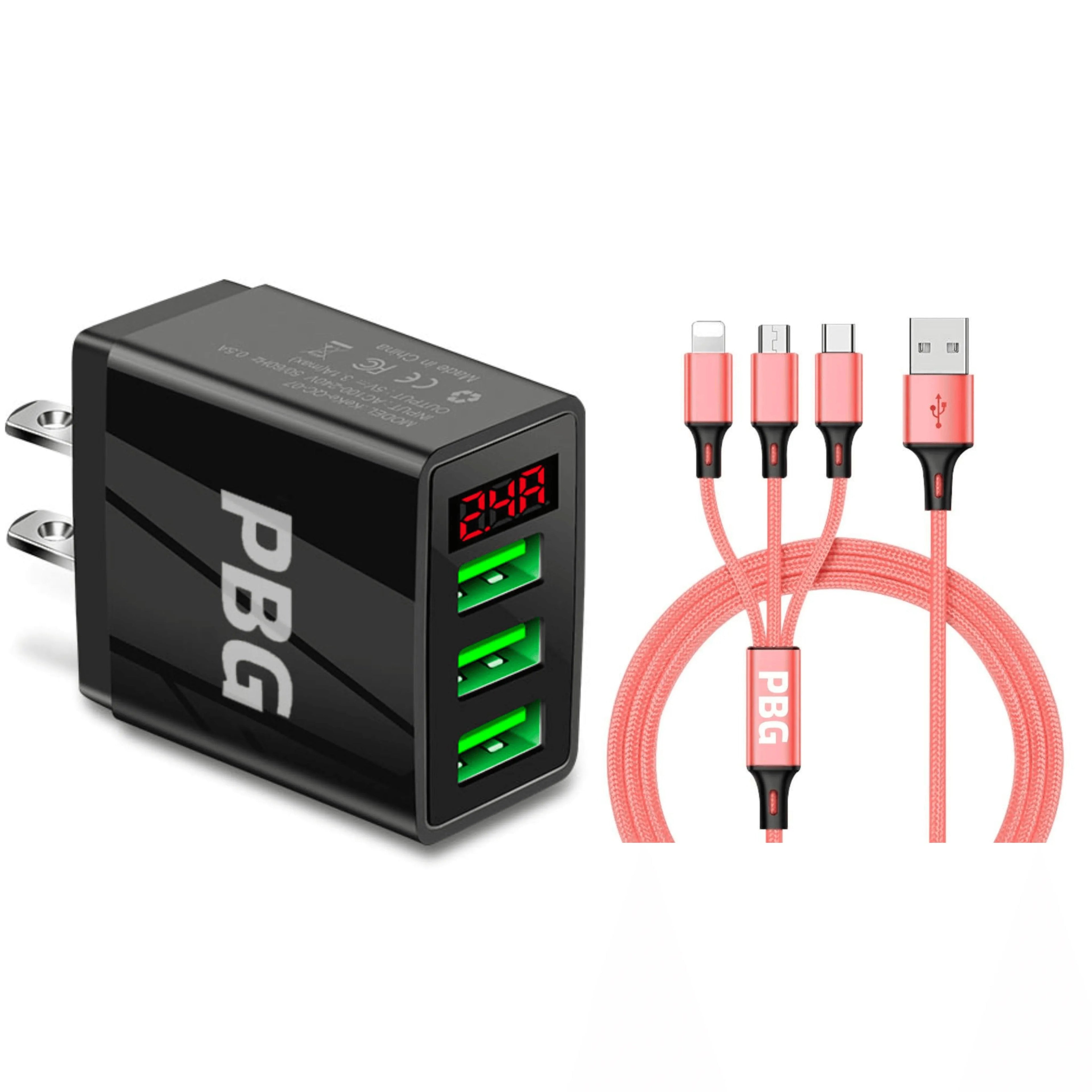 3 port LED Display Wall Charger  and 3 in 1 Cable Bundle Gold - PremiumBrandGoods