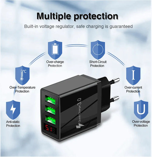 3 port LED Display Wall Charger  and 3 in 1 Cable Bundle Silver - PremiumBrandGoods
