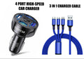 4 Port LED Car Charger + 3 in 1 Cable Combo Blue - PremiumBrandGoods