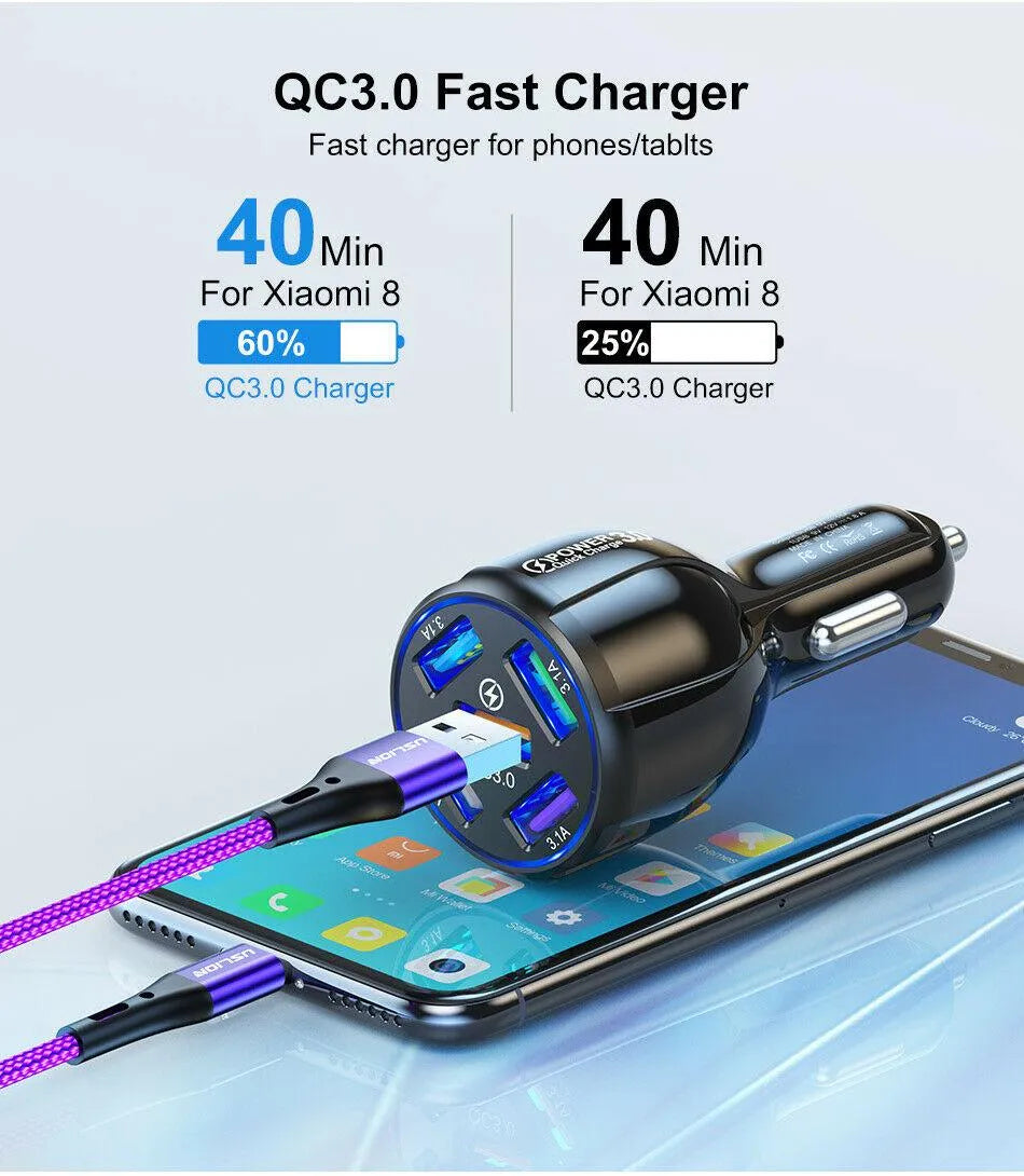 4 Port LED Car Charger + 3 in 1 Cable Combo Red - PremiumBrandGoods