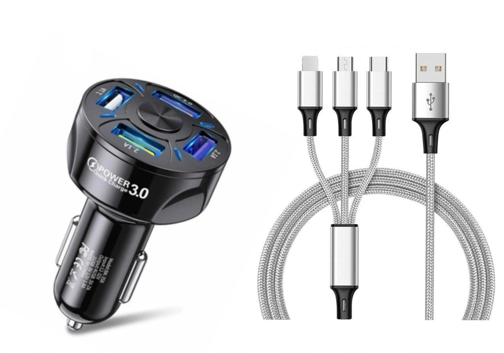 4 Port LED Car Charger + 3 in 1 Cable Combo Silver - PremiumBrandGoods