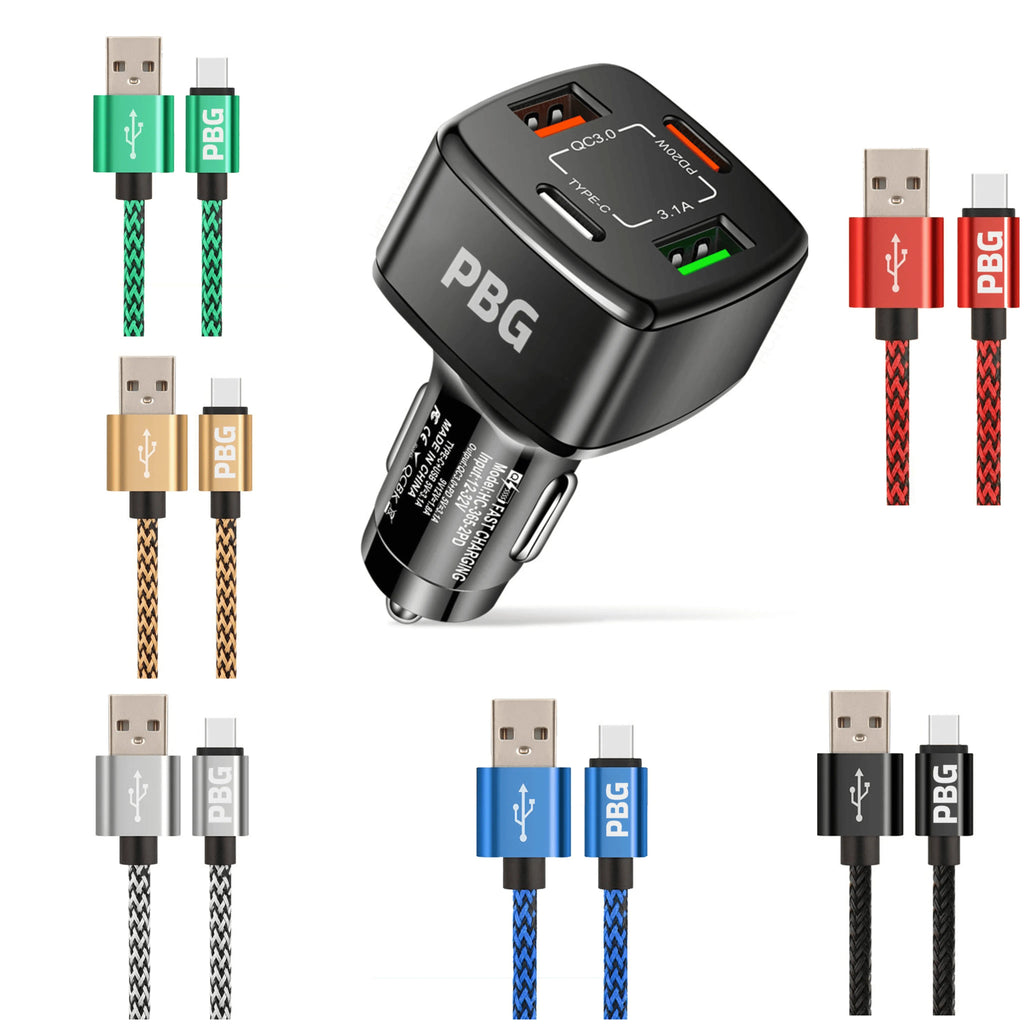 4 Port PD/USB Car Charger and 10FT Charger Compatible for Iphone Green - PremiumBrandGoods