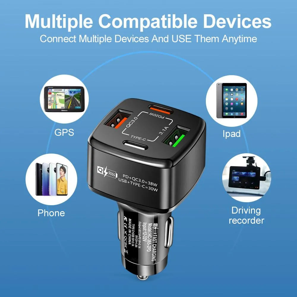 4 Port PD/USB Car Charger and 10FT Charger Compatible for Iphone Red - PremiumBrandGoods