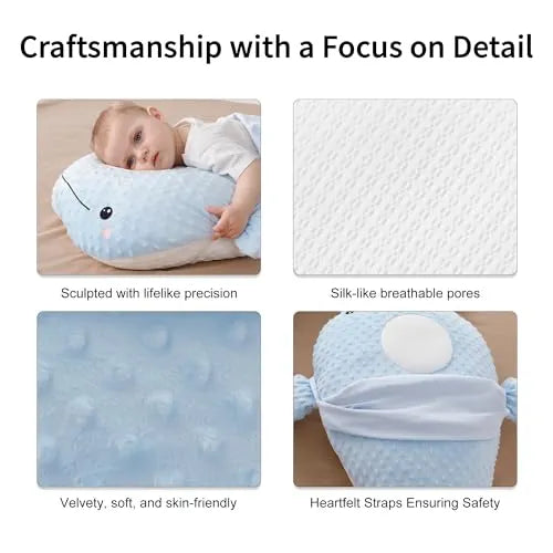 Newborn Baby Sleep Pillow Infant Pillow,Tummy Time Pillow,Burpee Pillow for Babies - Anti Roll Side Sleeping with Fixing Belt，Soothing Exhaust Solution for Baby's Discomfort (Blue Whale) - PremiumBrandGoods