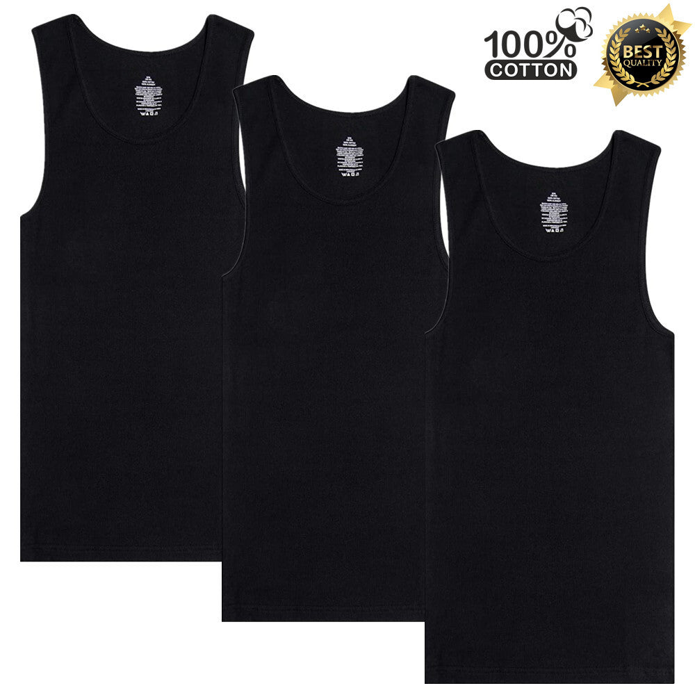3 Packs Mens 100% Cotton Tank Top A-Shirt Wife Beater Undershirt Ribbed Black - PremiumBrandGoods