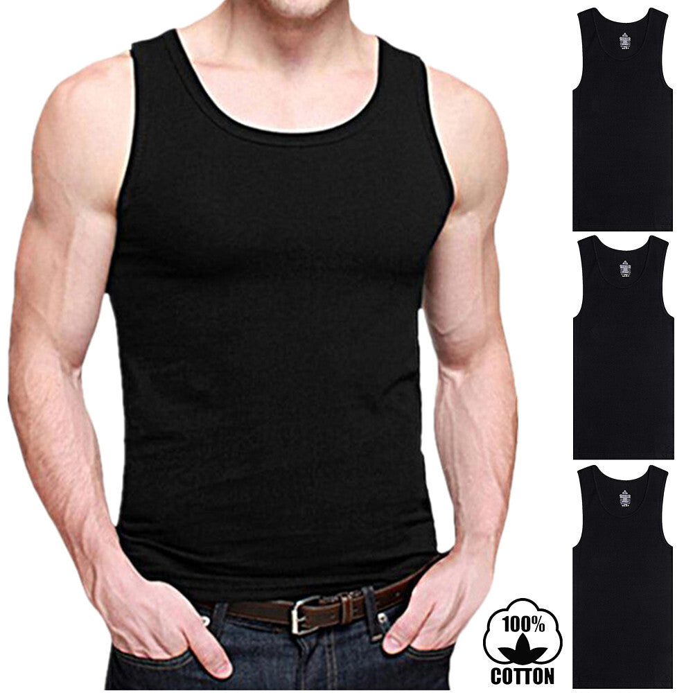3 Packs Mens 100% Cotton Tank Top A-Shirt Wife Beater Undershirt Ribbed Black - PremiumBrandGoods