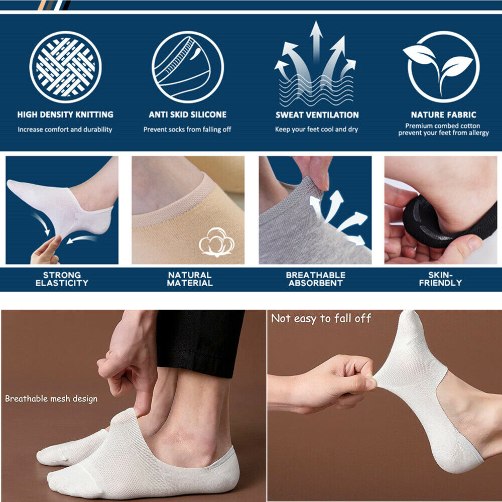 3-12 Pairs Mens No Show Invisible Nonslip Loafer Solid Boat Cotton Low Cut Socks - PremiumBrandGoods