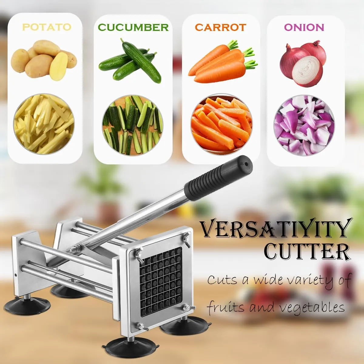 French Fry Cutter, Heavy Duty Professional Stainless Steel Potato Cutter, Removable Handle and 4 Suction Feet, 1/2-inch, 3/8-inch Blades for Potatoes, Onions, Carrots, Cucumbers, Air Fryer - PremiumBrandGoods