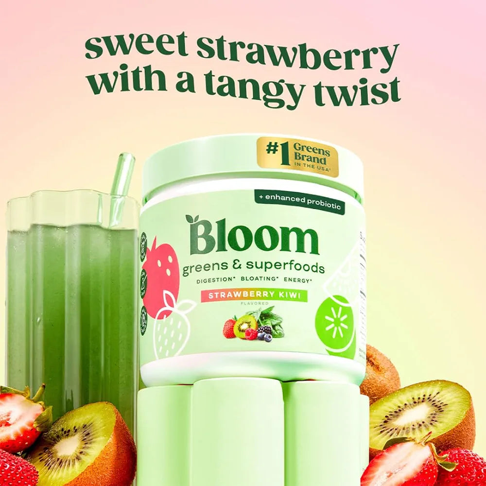 Bloom Nutrition Superfood Greens Powder, Strawberry Kiwi, 2-Pack (90 Servings Total)