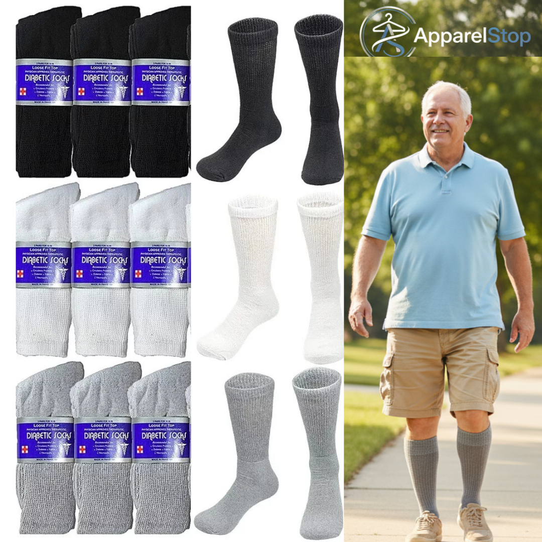 Diabetic Socks Crew Non-Binding Seamless Toe Multi-Pack Sizes 9-15 Black White Grey