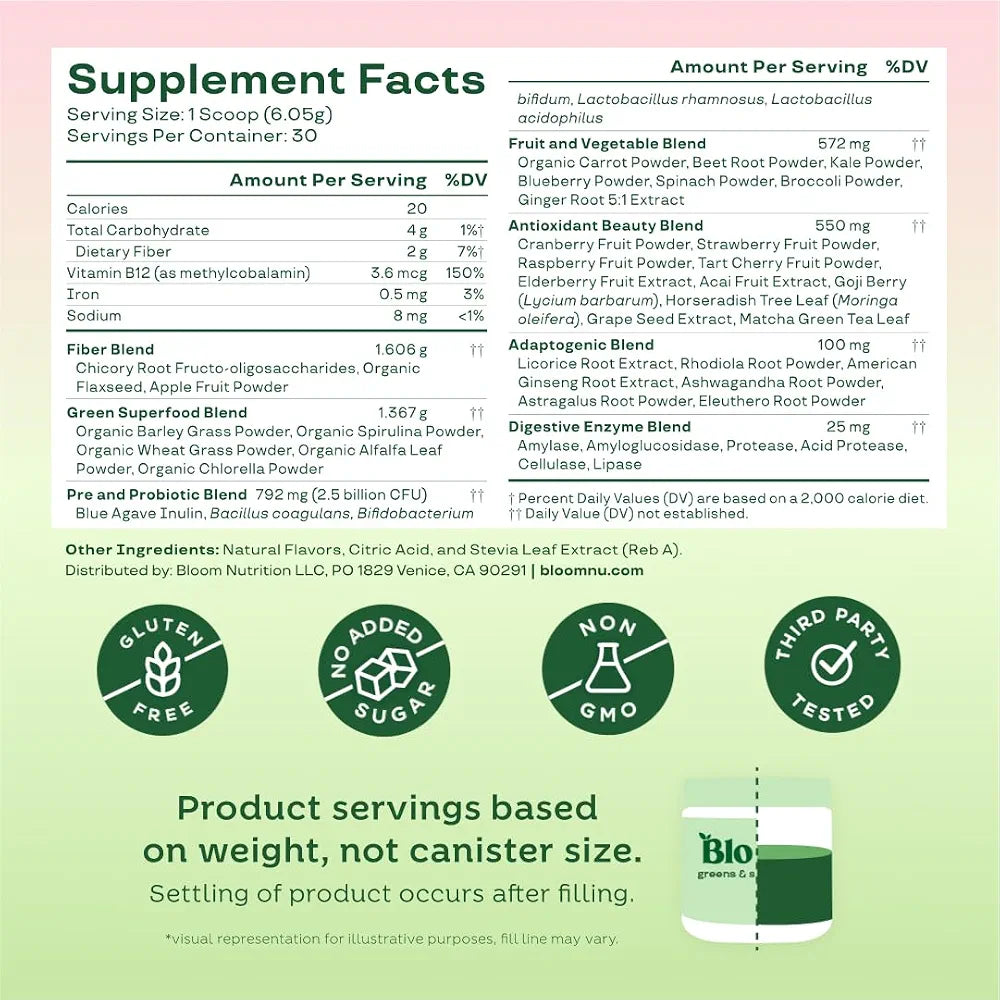 Bloom Nutrition Superfood Greens Powder, Strawberry Kiwi, 2-Pack (90 Servings Total)
