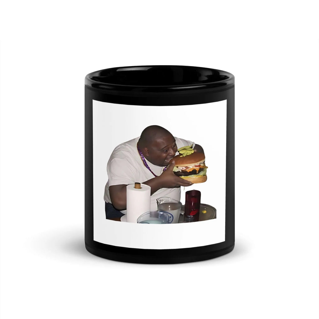 Black Glossy Mug Man Eating Burger like it's his job - PremiumBrandGoods