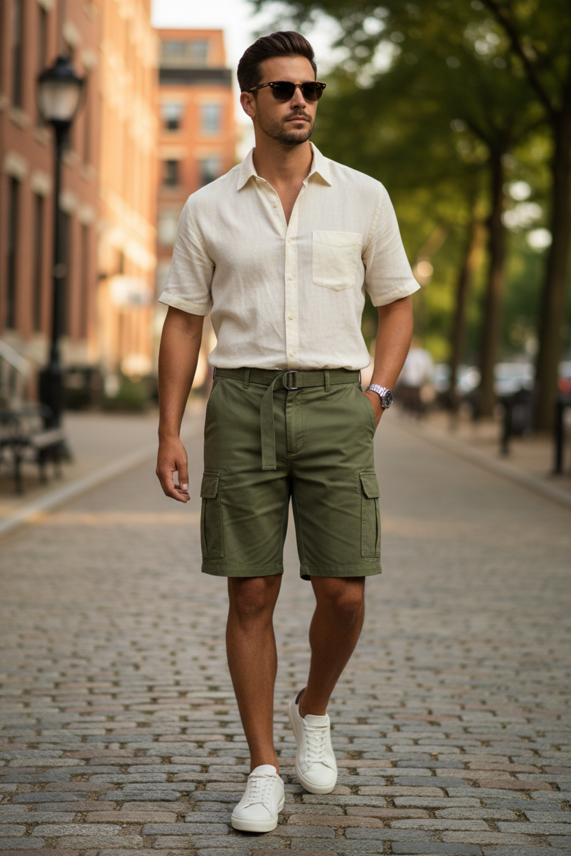 Man wearing Men's Belted Cargo Shorts outdoors lifestyle photo