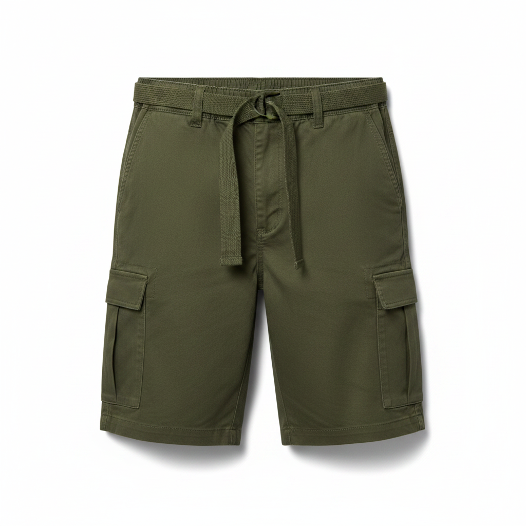 Men's Belted Cargo Shorts in Olive on white background