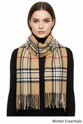 Beige Plaid Scarf Ultra Plush Pashmina Wool Blend 6ft Long Unisex