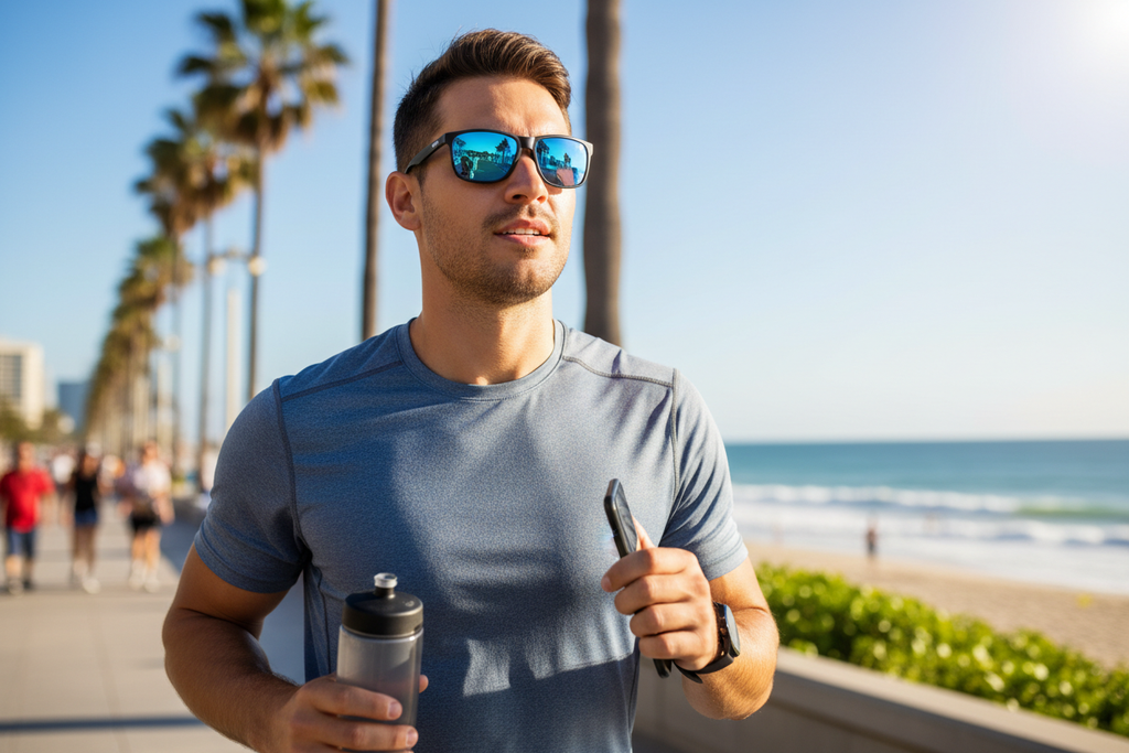 Man wearing polarized sunglasses outdoors - lifestyle image