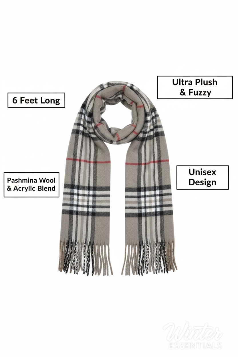 Gray Plaid Scarf Ultra Plush Pashmina Wool Blend 6ft Long Unisex Grey