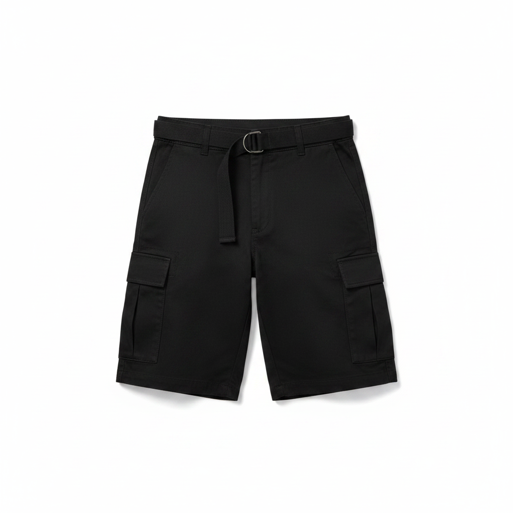 Men's Belted Cargo Shorts in Black on white background