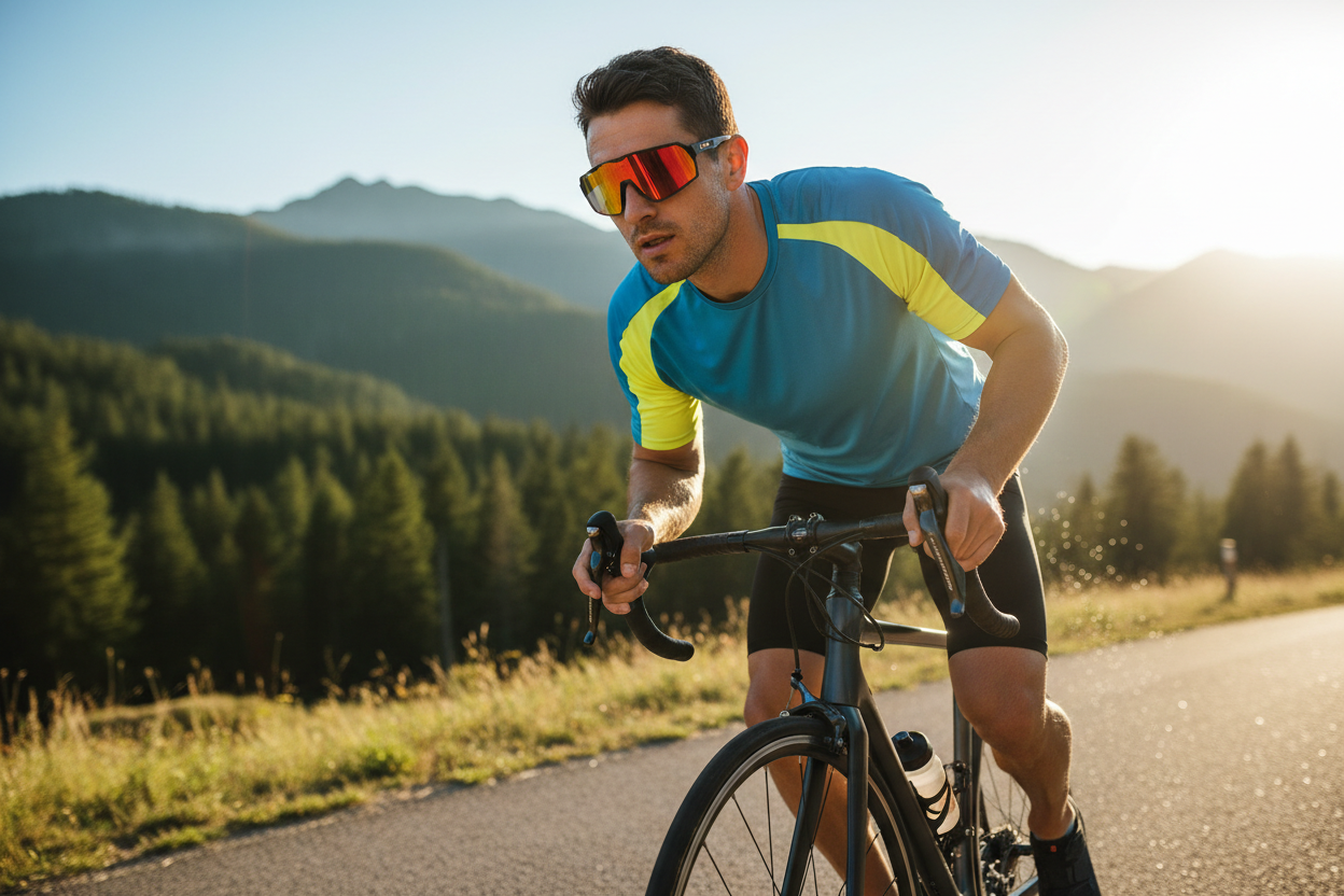 Active person wearing polarized sport sunglasses during outdoor activity - lifestyle image