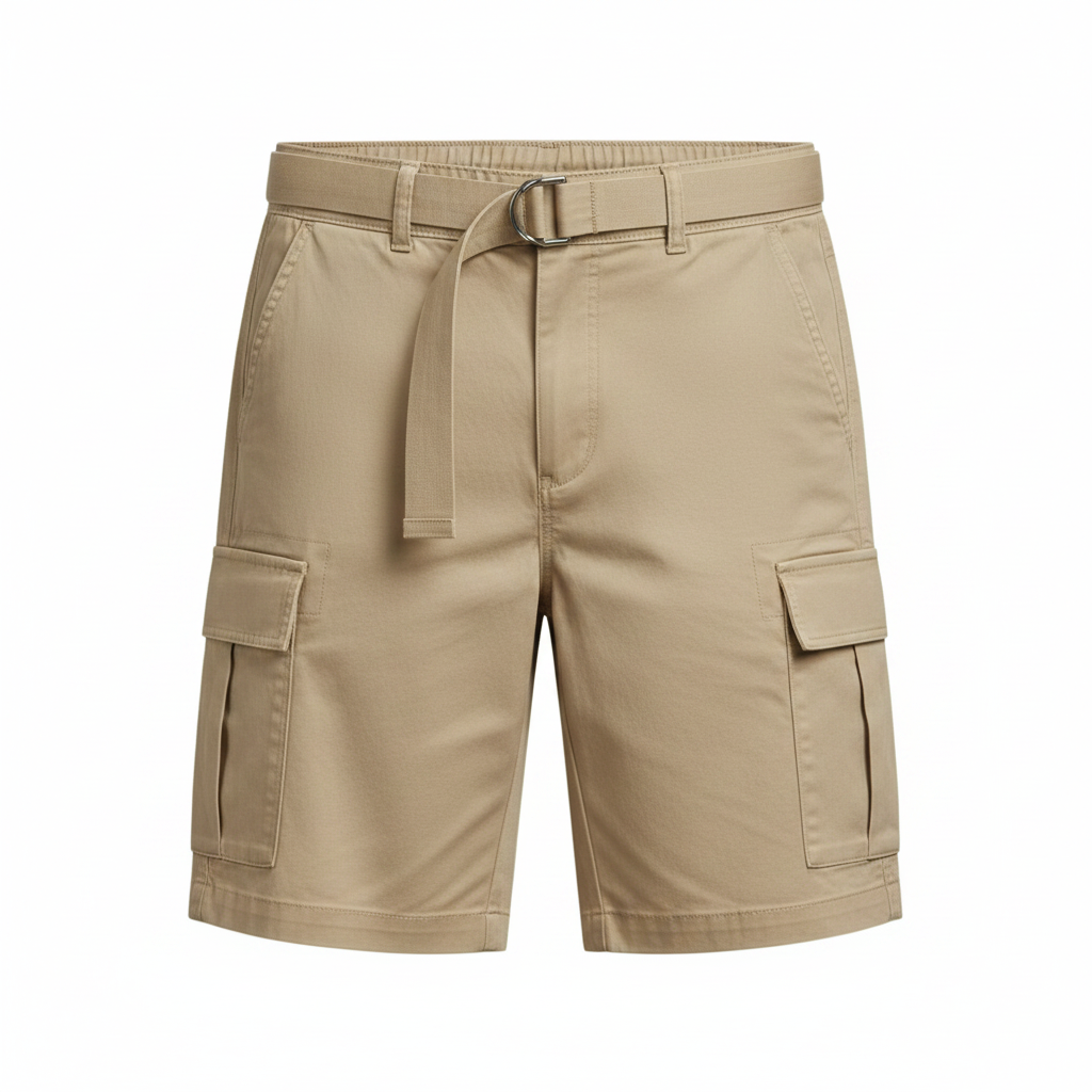Men's Belted Cargo Shorts in Beige on white background
