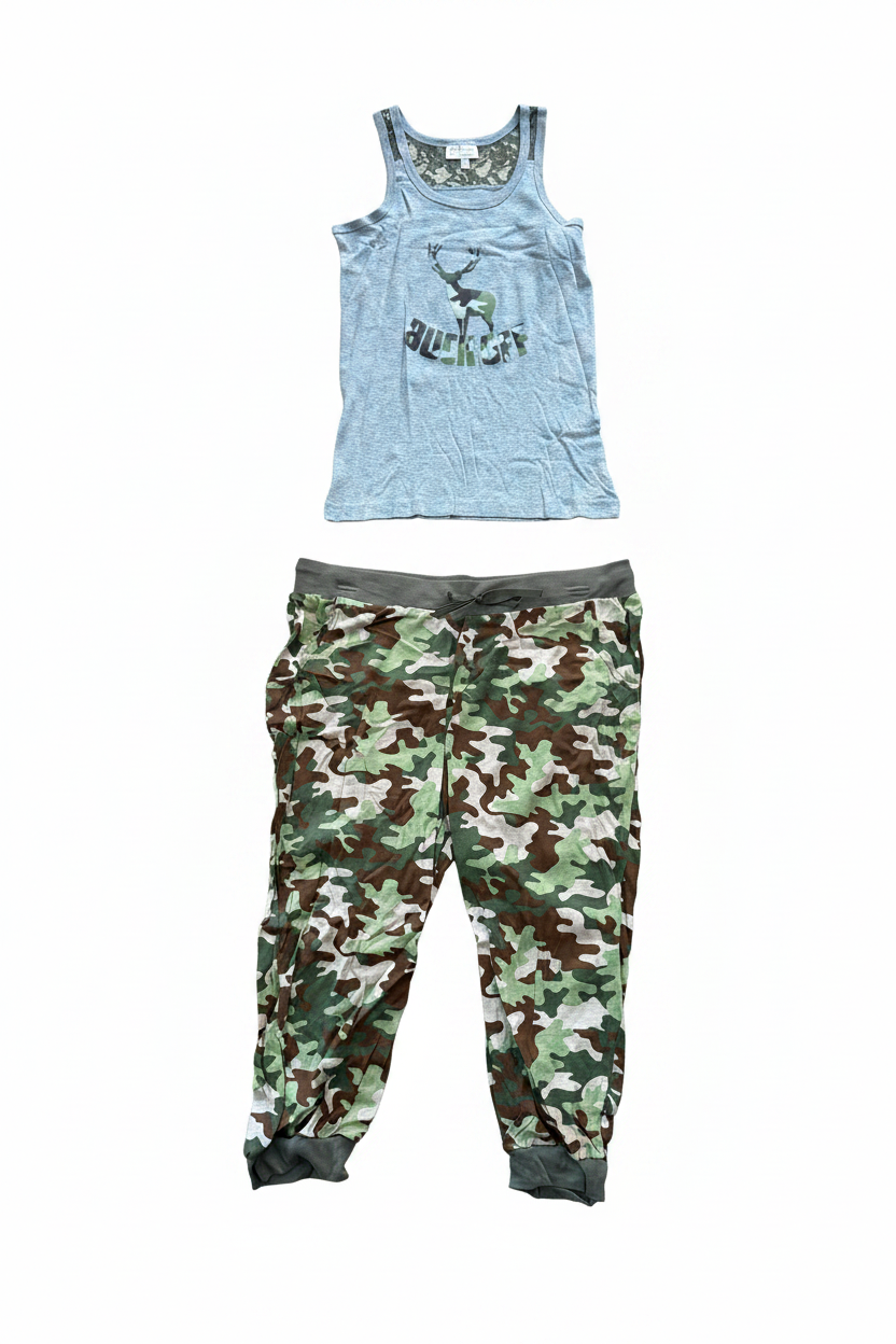 Bobbie Brooks Buck Off Camo PJ Set flat lay on white background