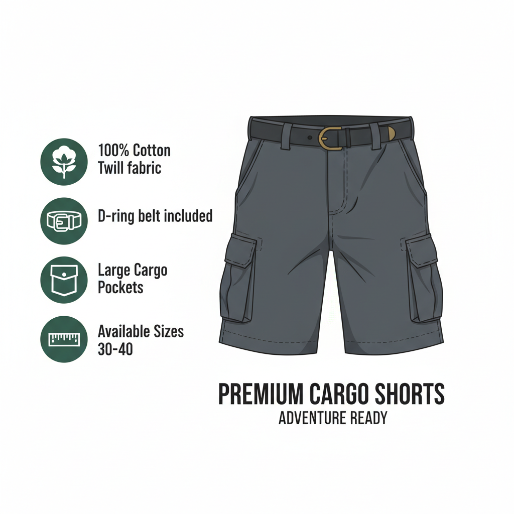 Men's Cargo Shorts product features infographic