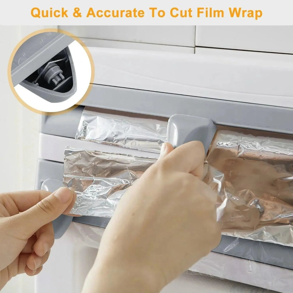 Kitchen Roll Dispenser Paper Roll Holder Plastic Wrap Film Foil Paper Organizer W/ Cutter Wall Mounted for Kitchen Bathroom