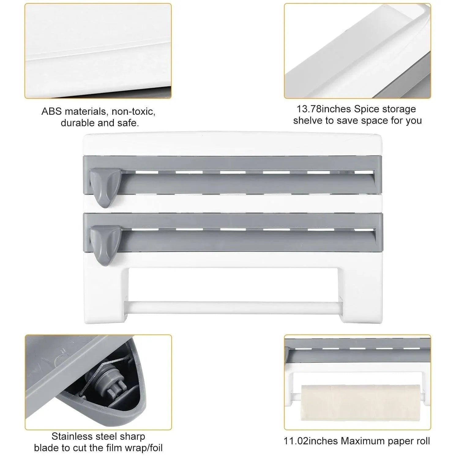 Kitchen Roll Dispenser Paper Roll Holder Plastic Wrap Film Foil Paper Organizer W/ Cutter Wall Mounted for Kitchen Bathroom