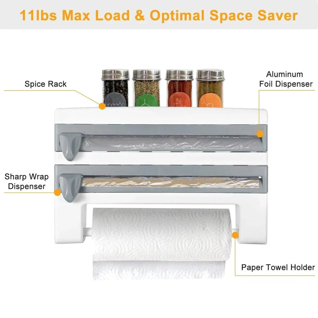 Kitchen Roll Dispenser Paper Roll Holder Plastic Wrap Film Foil Paper Organizer W/ Cutter Wall Mounted for Kitchen Bathroom