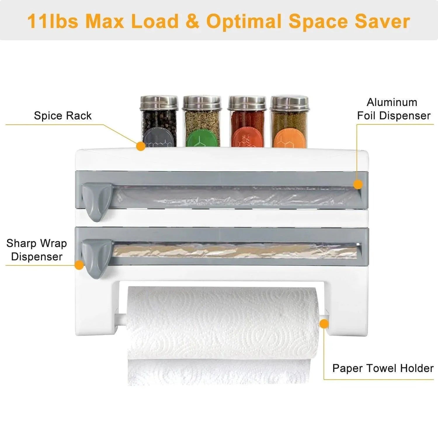 Kitchen Roll Dispenser Paper Roll Holder Plastic Wrap Film Foil Paper Organizer W/ Cutter Wall Mounted for Kitchen Bathroom