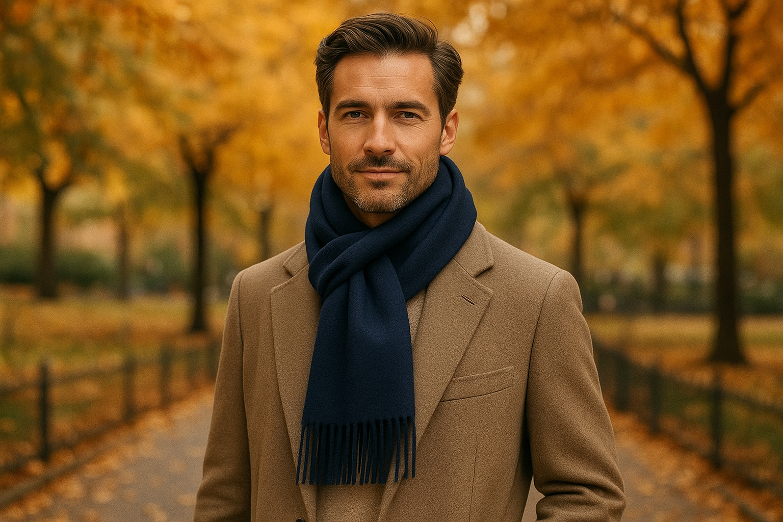 Lifestyle shot - person wearing navy scarf in autumn setting