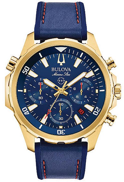 Men's Bulova Marine Star Gold Tone Blue Dial Chronograph Watch 97B168
