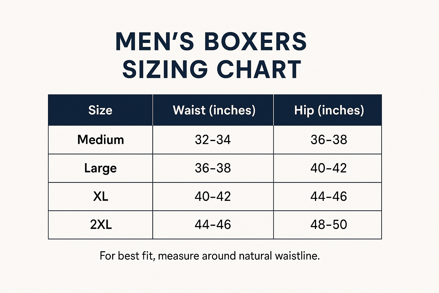 Men's Boxers Sizing Chart