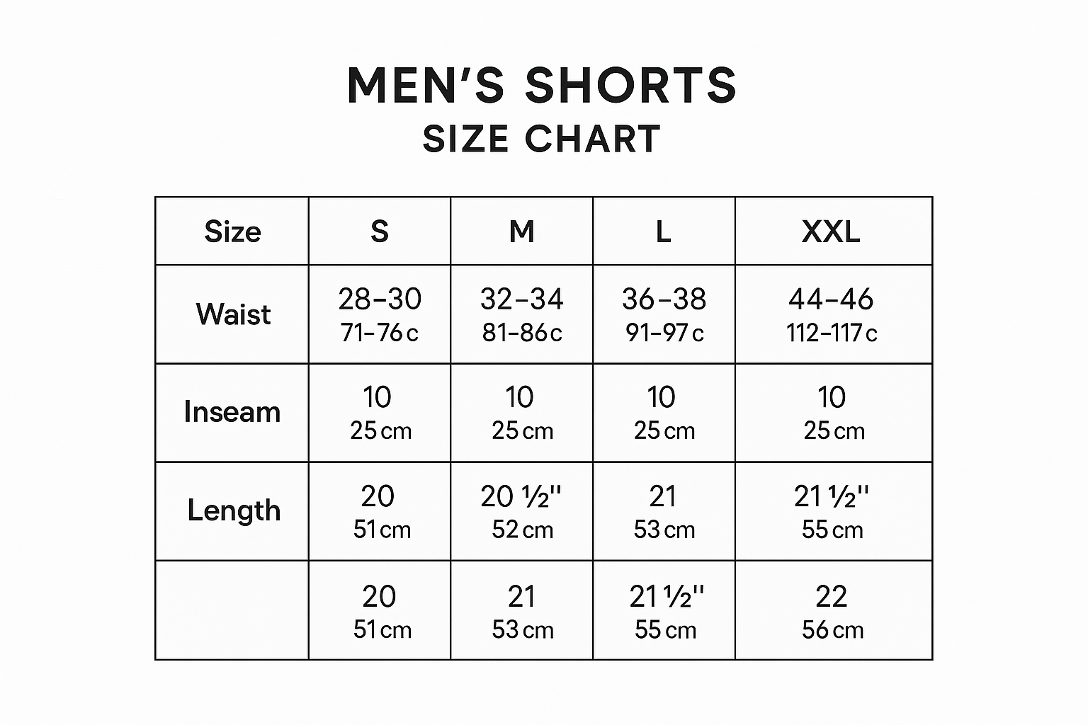Men's Shorts Size Chart