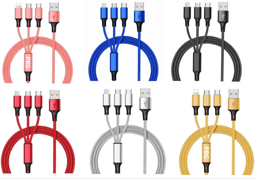 PBG 3-in-1 Fast Charging Cable - Nylon Braided, USB C/Micro USB/iPhone