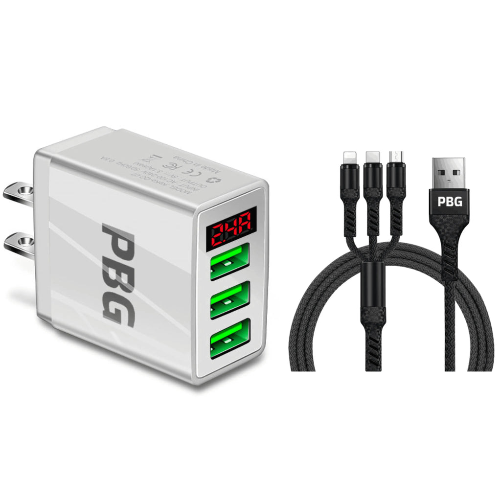 PBG 3 port LED Display Wall Charger and 3 in 1 Cable Bundle Black - PremiumBrandGoods