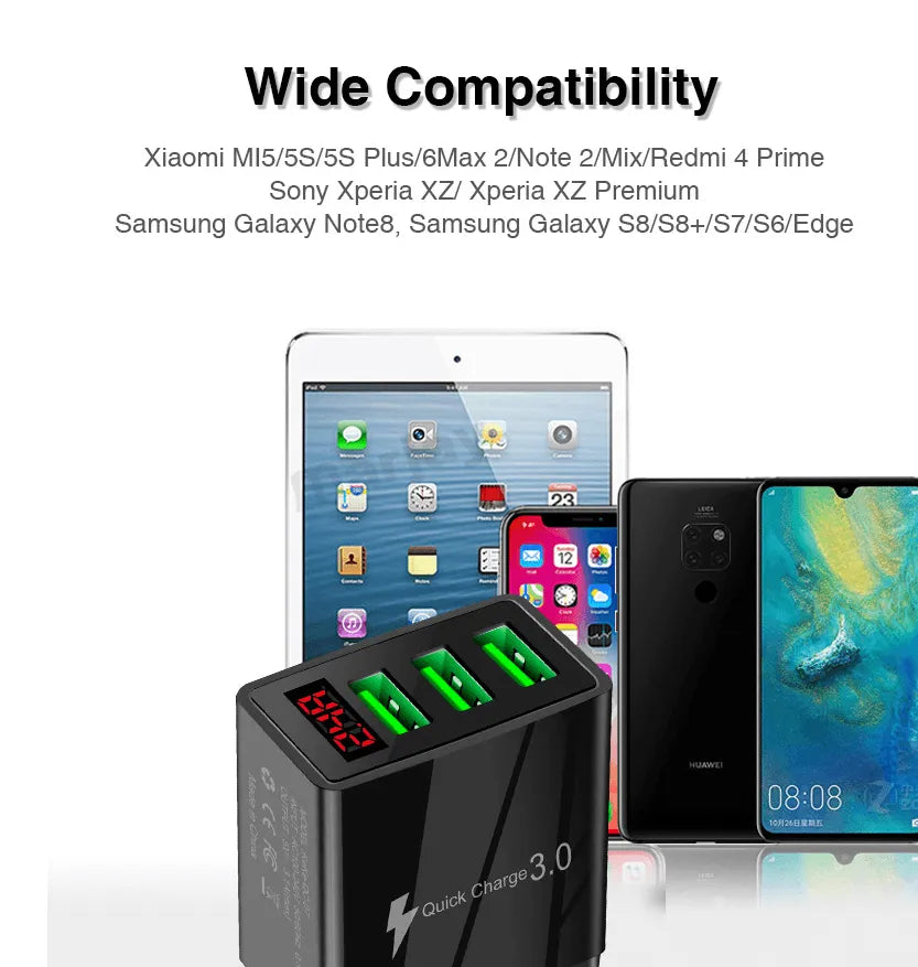 PBG 3 port LED Display Wall Charger and 3 in 1 Cable Bundle Black - PremiumBrandGoods