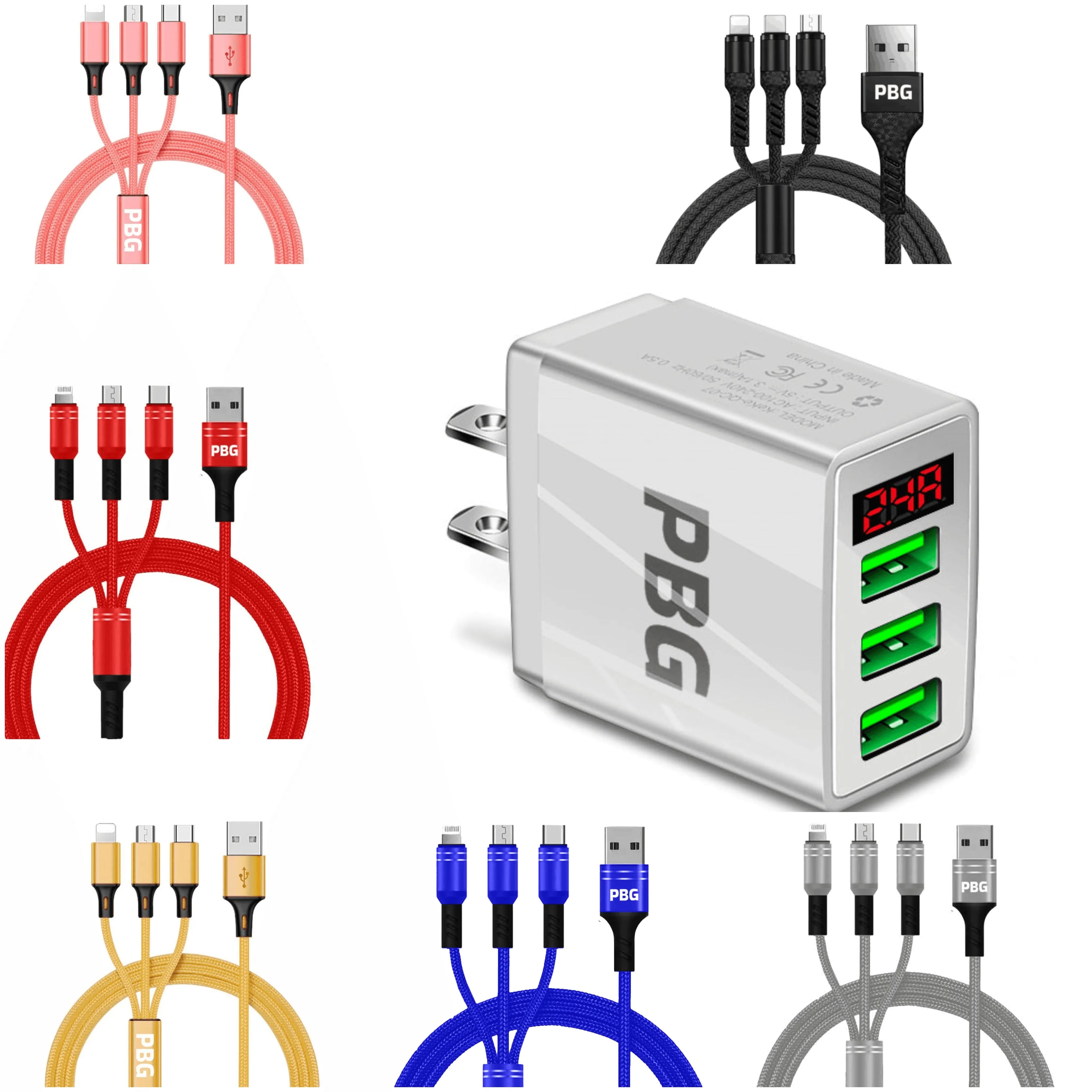 PBG 3 port LED Display Wall Charger and 3 in 1 Cable Bundle Blue - PremiumBrandGoods