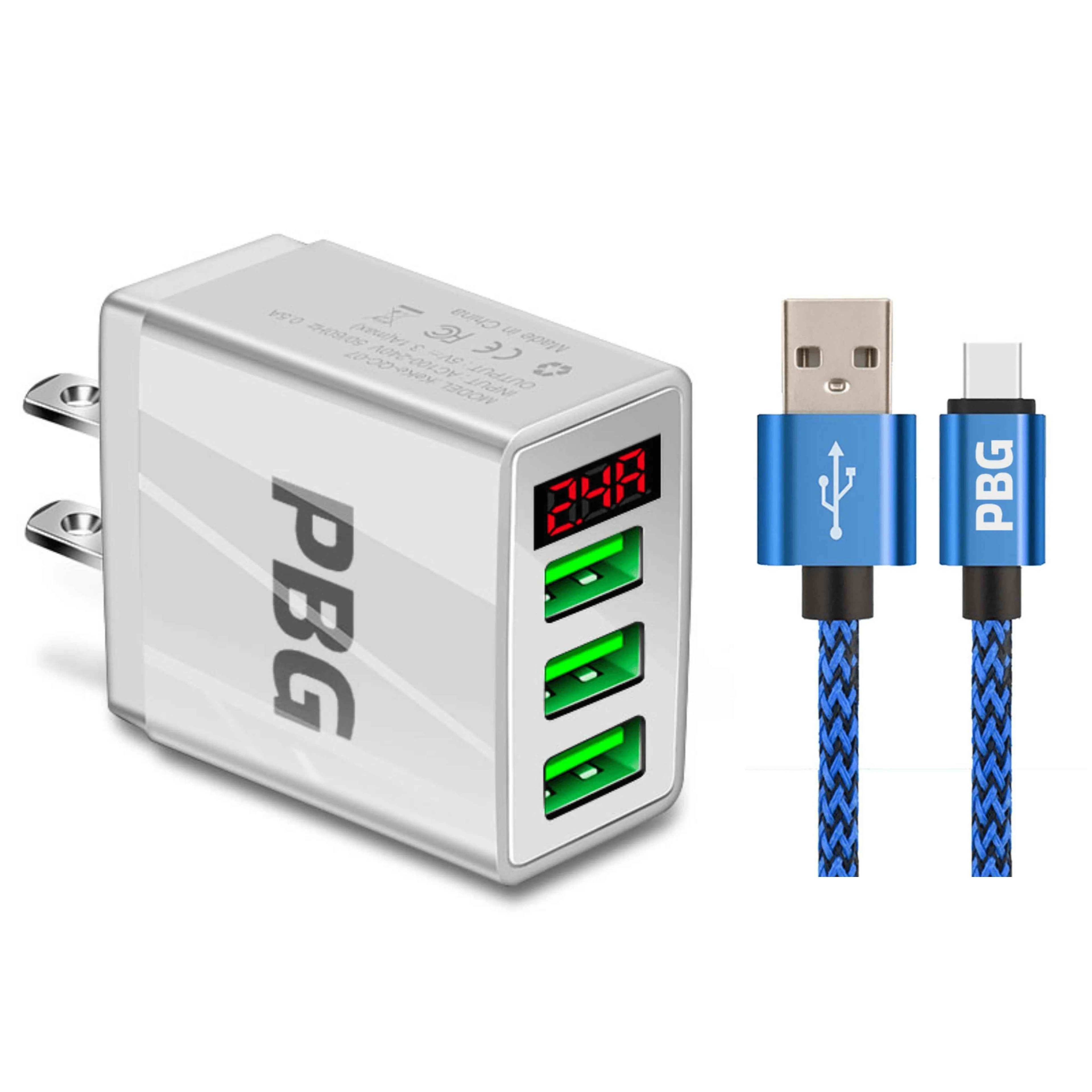 PBG 3 port LED Display Wall Charger and XL10FT Charger Compatible for Iphone Cable Bundle