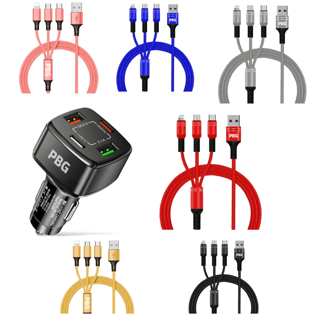 PBG 4 Port Car Charger and 4FT - 3 in 1 Nylon Cable Combo Silver - PremiumBrandGoods