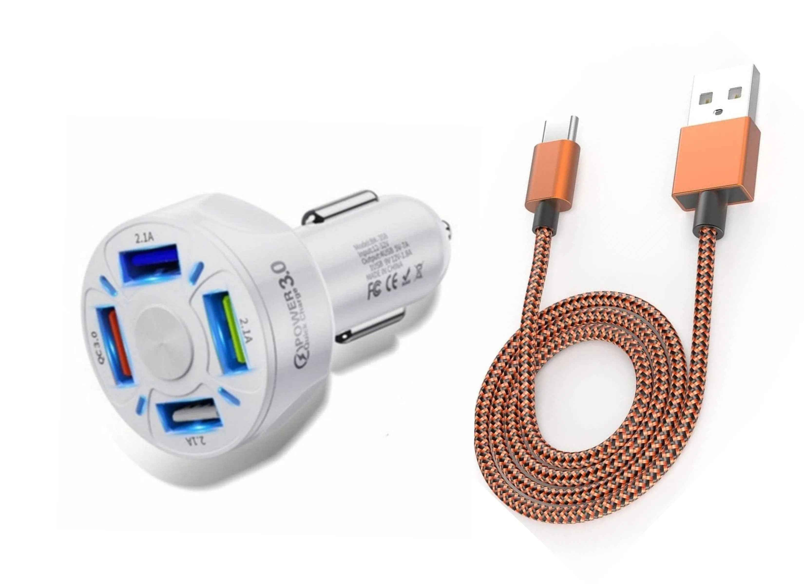 QC 3.0 4-Port LED Car Charger & 10FT Orange Nylon iPhone Cable Combo