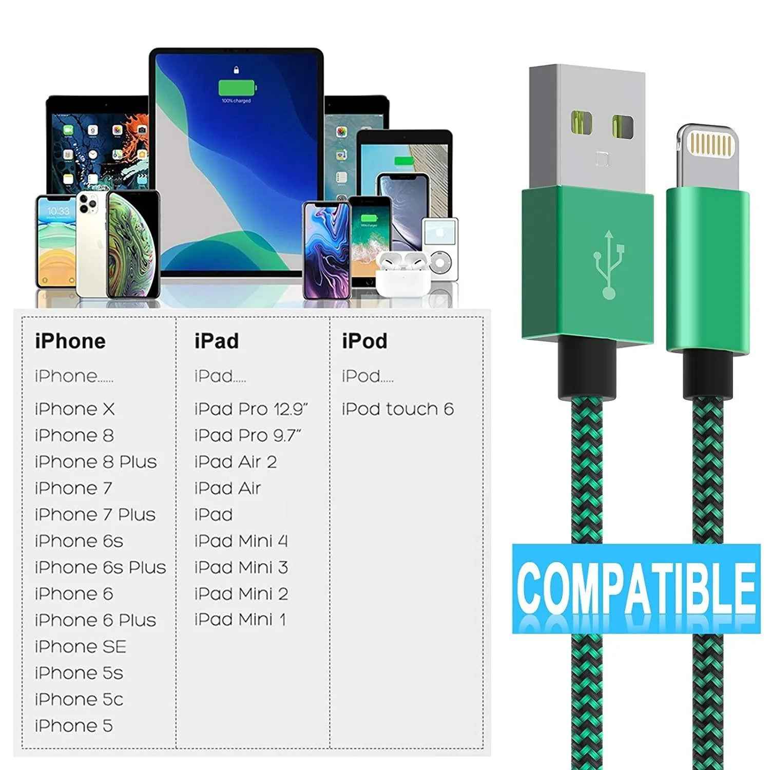 QC 3.0 4-Port LED Car Charger & 10FT Orange Nylon iPhone Cable Combo